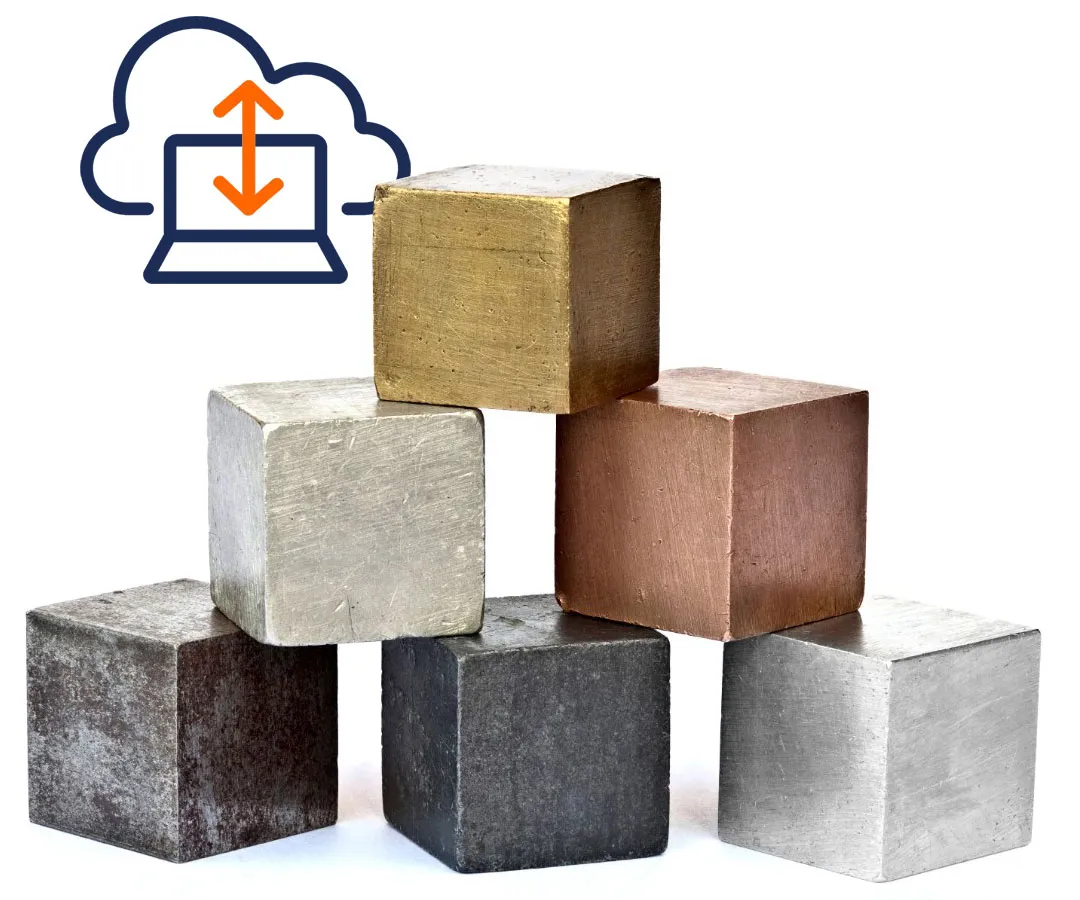 Stacked cubes of gold, silver, copper and steel beneath a cloud computing icon